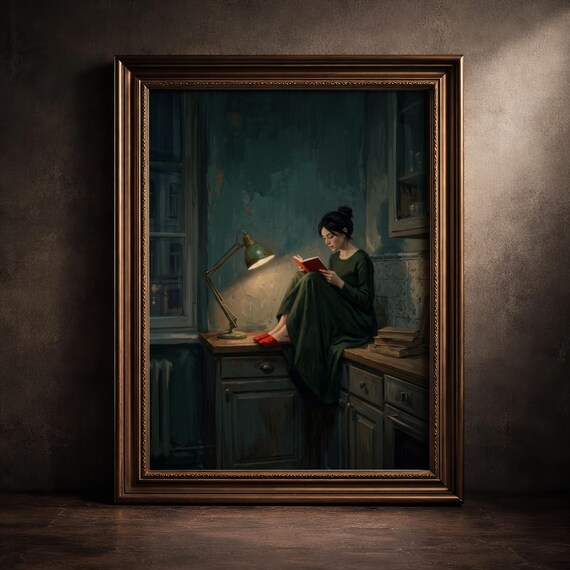 Woman Reading in a Dark Kitchen Moody Oil Painting Book Lover Poster