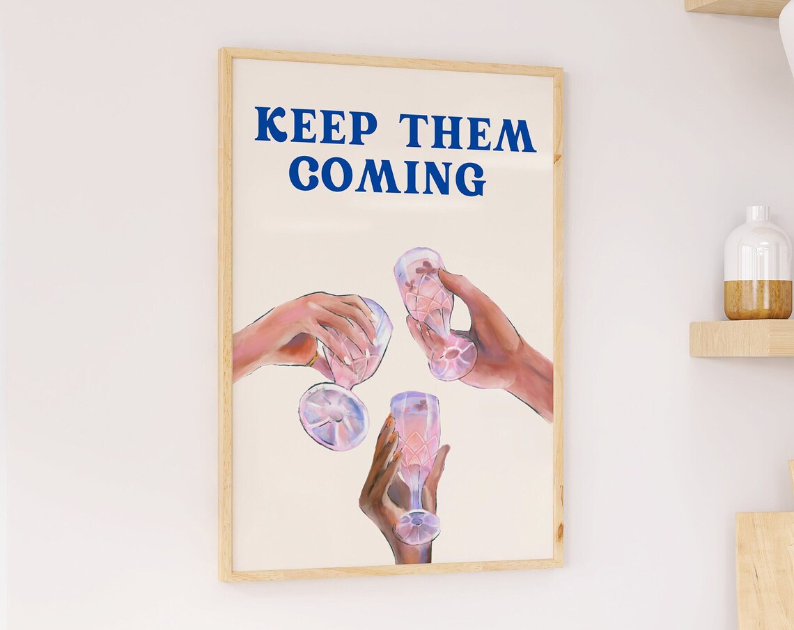 Keep Them Coming Champagne Flutes Raised Hands Pastel Bar Cart Poster