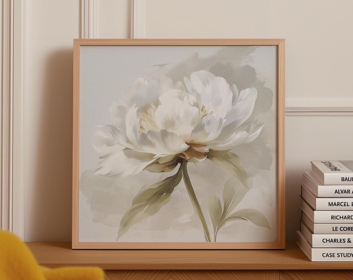 White Peony Bloom Soft Neutral Botanical Floral Painting Poster