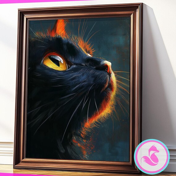 Black Cat Profile with a Glowing Amber Eye Dark Feline Poster
