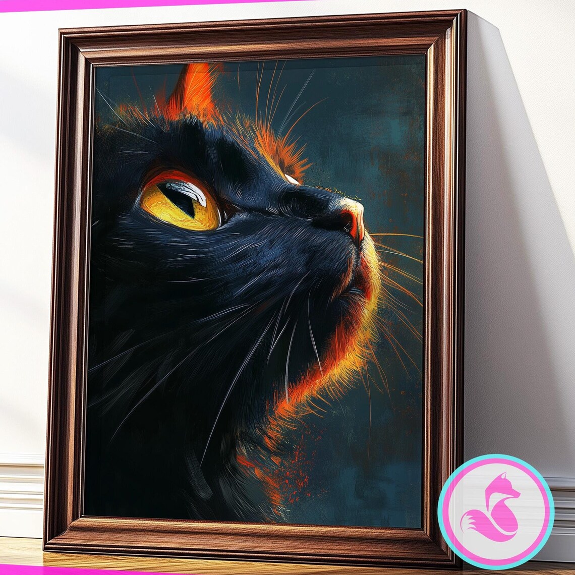Black Cat Profile with a Glowing Amber Eye Dark Feline Poster