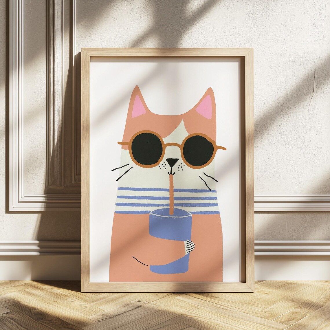 Cool Cat Sunglasses Sipping Drink Funny Kids Room Animal Art Print
