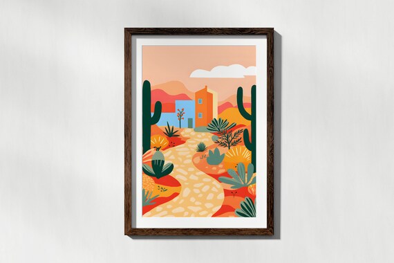 Abstract Desert Art Colorful Wall Cactus Illustration Poster Scenery Print Western Cityscape