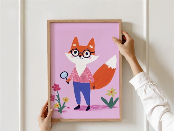 Detective Fox With Glasses And Magnifier Pink Nursery Poster