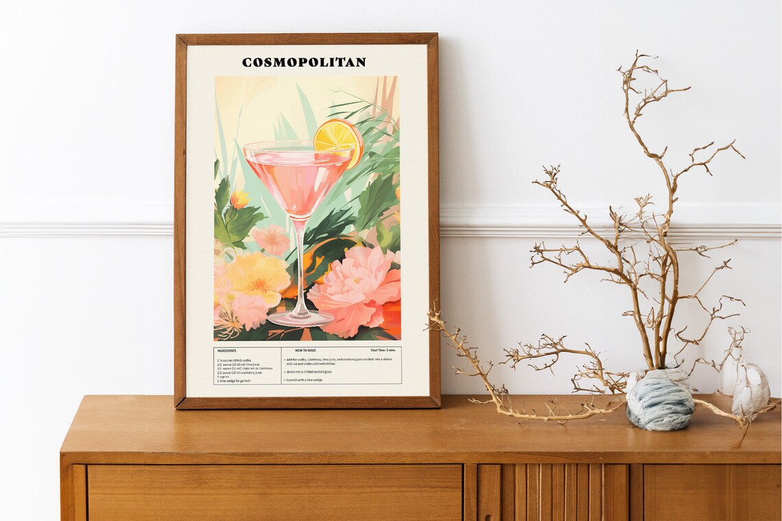 Vintage Cosmopolitan Cocktail Recipe With Pink Martini Bar Poster