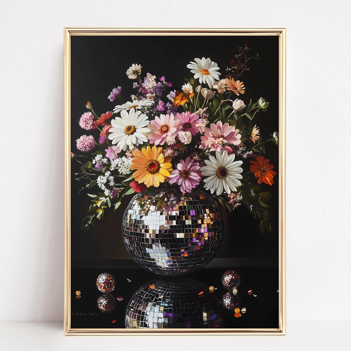 Disco Ball Flower Bouquet Moody Dark Floral Still Life Art Print