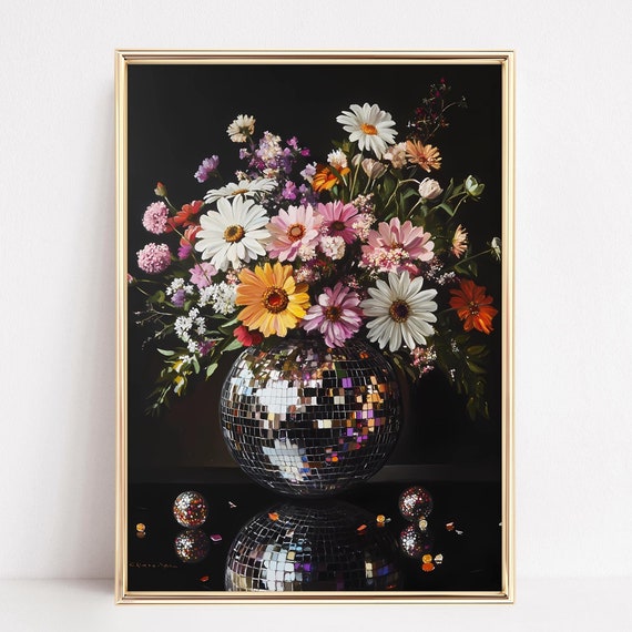 Disco Ball With Flowers Print Moody Art Maximalist Floral Bouquet Painting Wall
