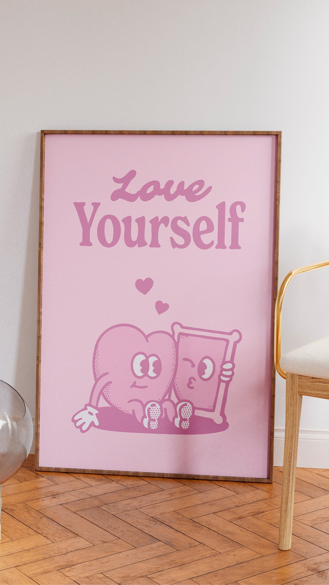 Love Yourself Sweet Pink Heart Character Quote Motivational Wall Art - Image 2