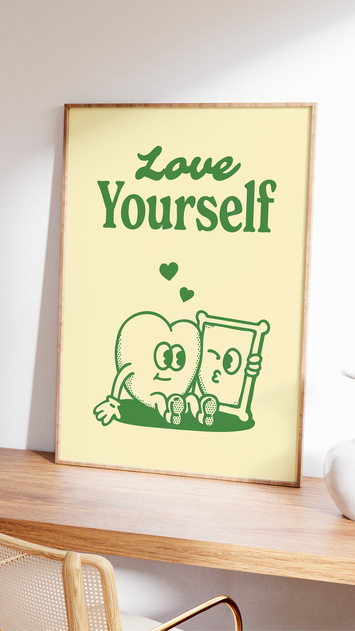 Love Yourself Retro Green Heart Self Care Quote Cute Wall Art - Image 2