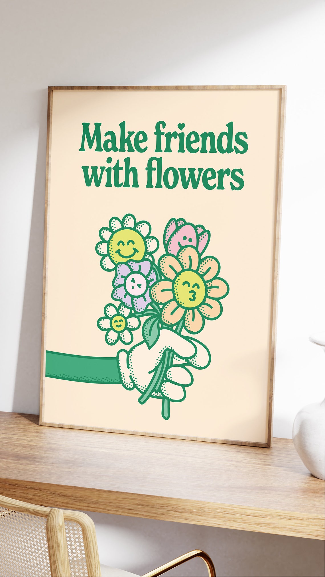 Make Friends with Flowers Retro Smiley Daisy Bouquet Wall Art - Image 2