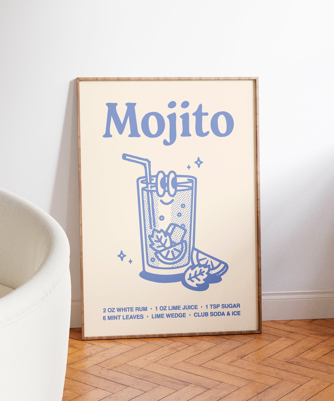 Mojito Cocktail Recipe Blue Line Art Kitchen Bar Cart Poster - Image 3