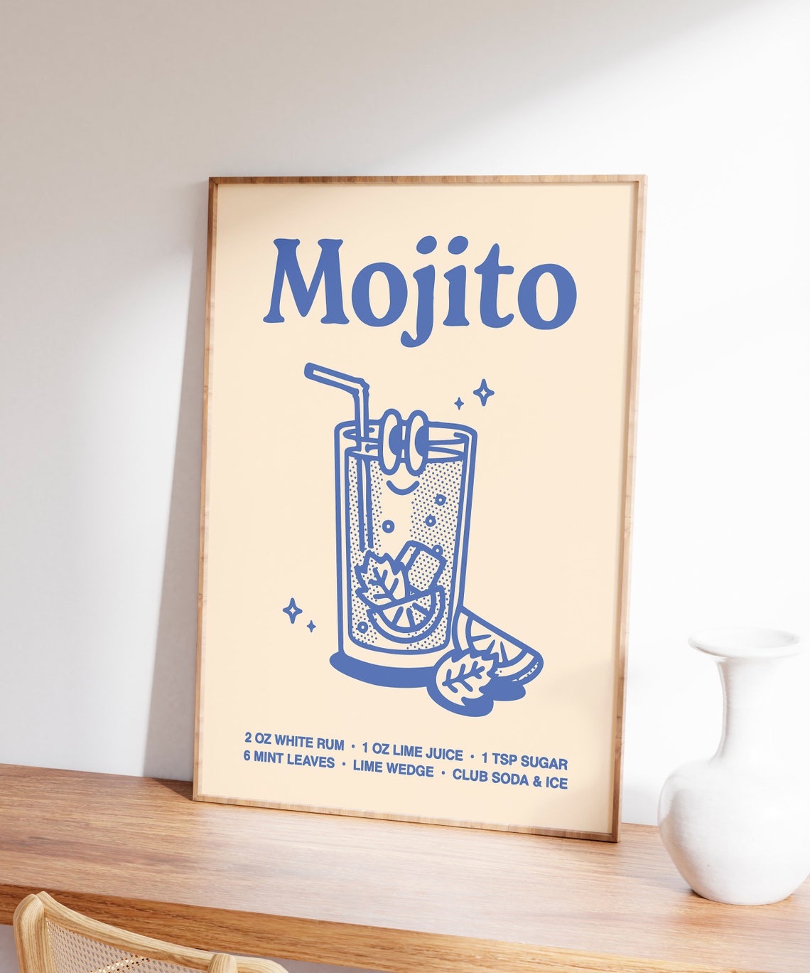 Mojito Cocktail Recipe Blue Line Art Kitchen Bar Cart Poster - Image 7
