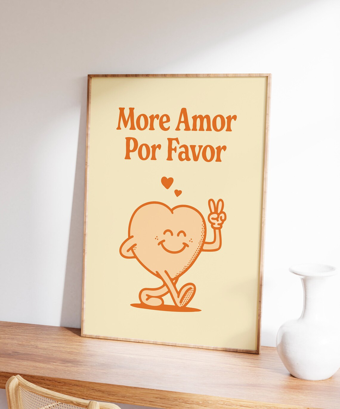 More Amor Por Favor Orange Heart Mascot Peace Spanish Quote Poster - Image 5