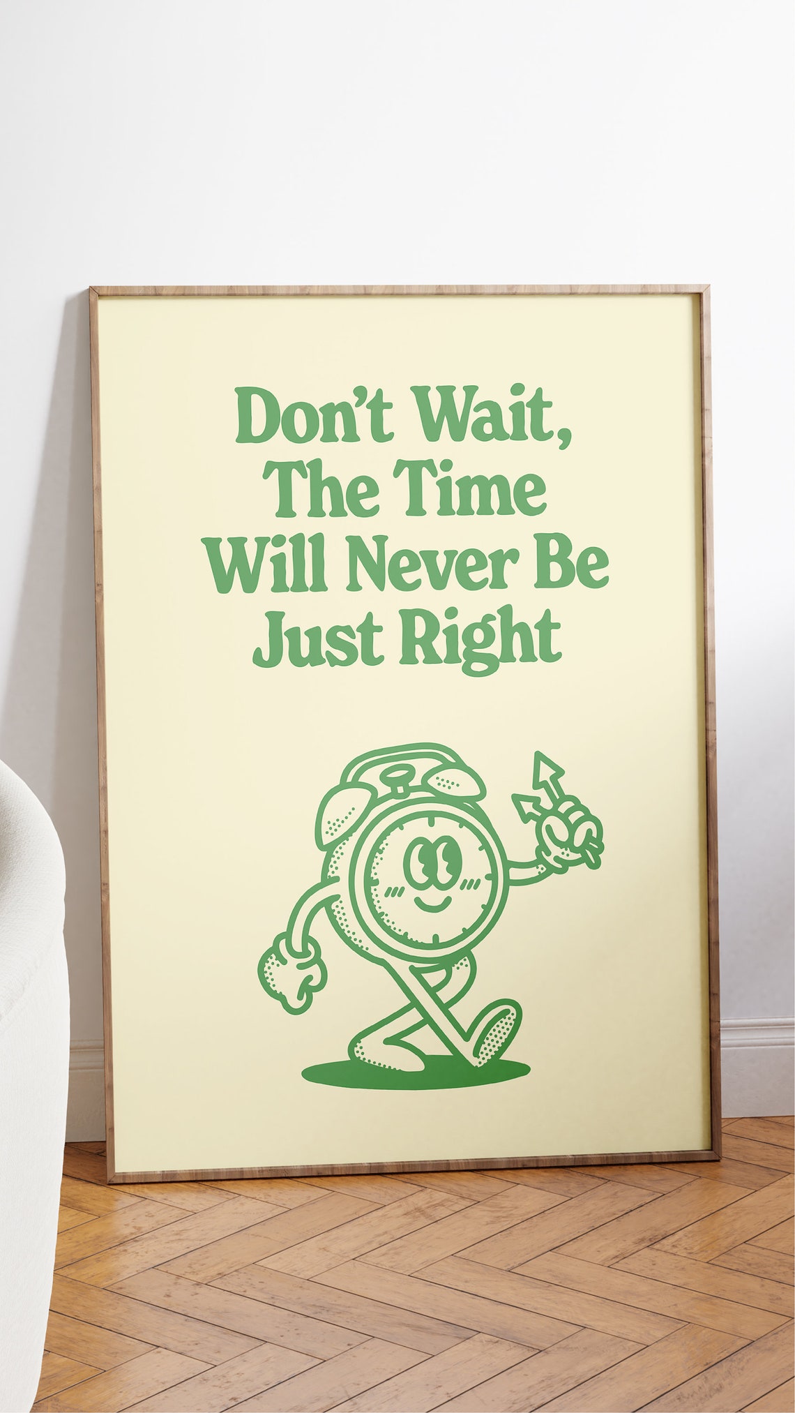 Don't Wait the Time Is Right Green Vintage Alarm Clock Poster - Image 2