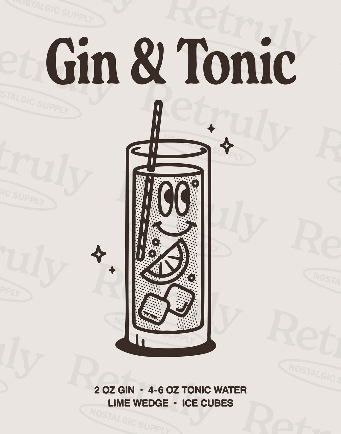 Gin Tonic Retro Cocktail Art Print, Bar Cart Decor - Image 2