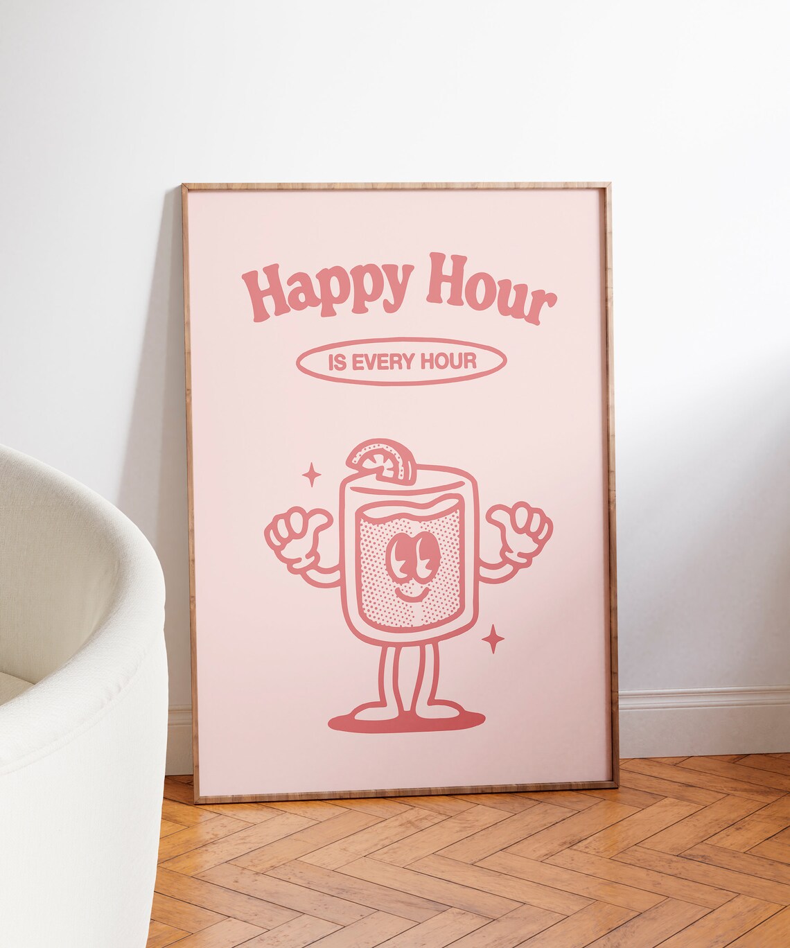 Happy Hour Is Every Hour Cocktail Glass Mascot Pink Retro Poster - Image 3