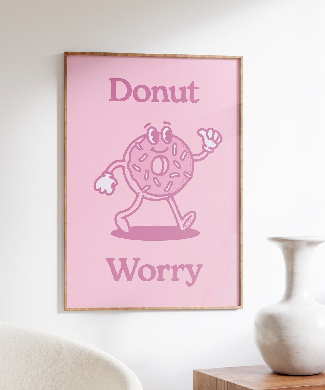Donut Worry Pun Cute Smiling Sprinkled Donut Pink Cartoon Poster - Image 5