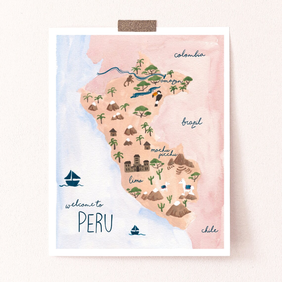 Peru Map Art Print, Tropical Watercolor Gouache - Image 4