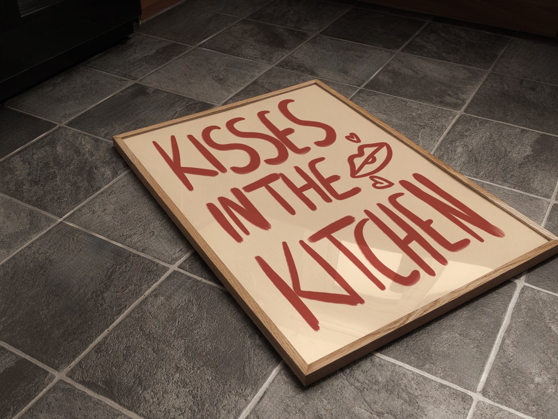 Kisses In The Kitchen Romantic Red Typography Kitchen Poster - Image 3