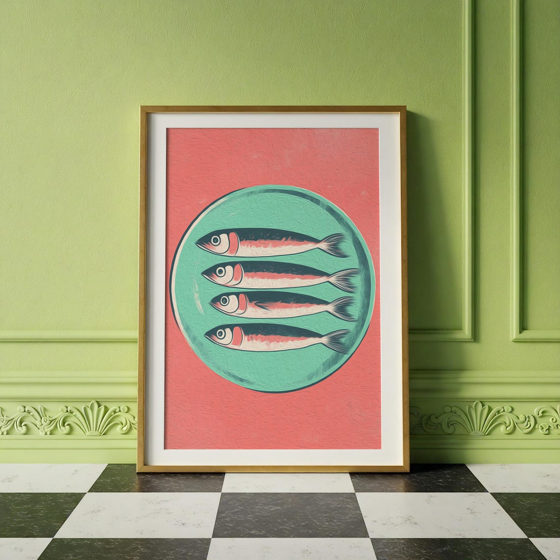 Retro Sardines on Mint Plate Bold Coral Pop Art Kitchen Poster - Image 2