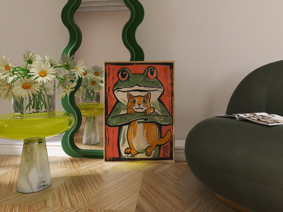 Japanese Frog and Cat Wood Block Vintage Print - Image 3