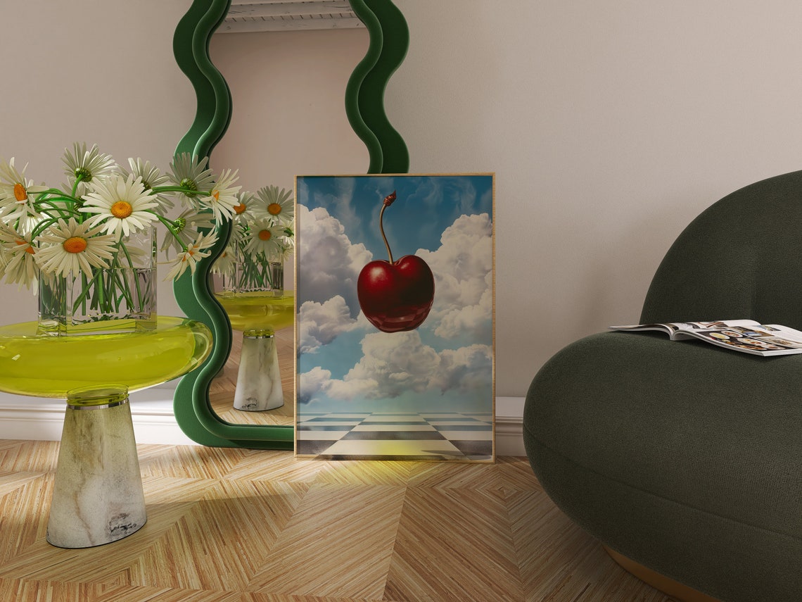 Giant Red Cherry Floating Clouds Surreal Checkerboard Sky Poster - Image 3