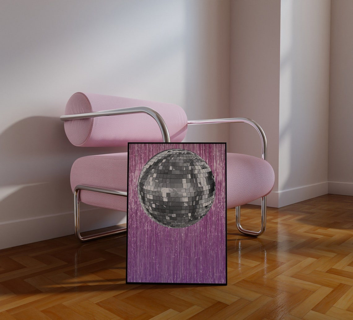 Silver Sparkly Disco Ball Pink Tinsel Backdrop Party Art Poster - Image 2