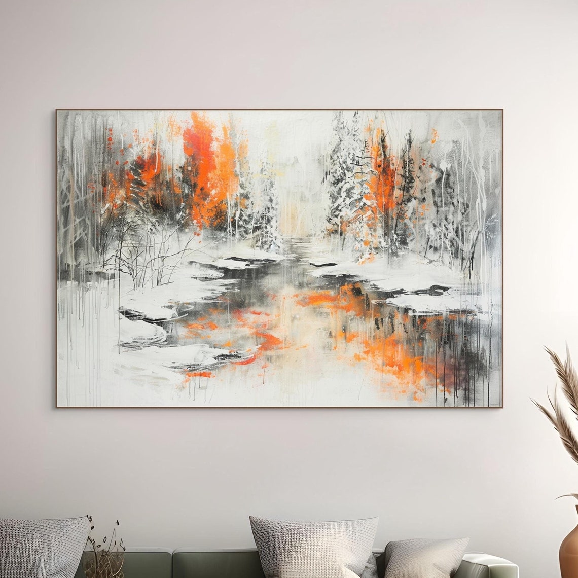 Winter Stream Snowy Forest Orange Trees Reflection Scenic Poster - Image 5