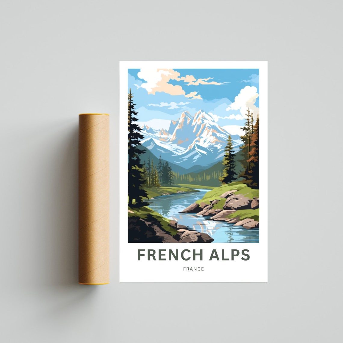 French Alps France Alpine River Pines Snow Peak Mountain Poster - Image 4