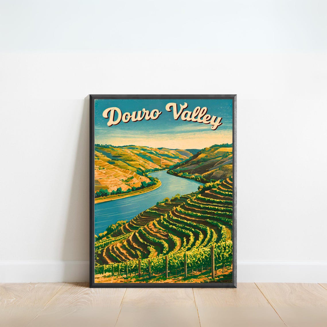 Douro Valley Portugal Vintage River Poster Terraced Vineyard Hills Art