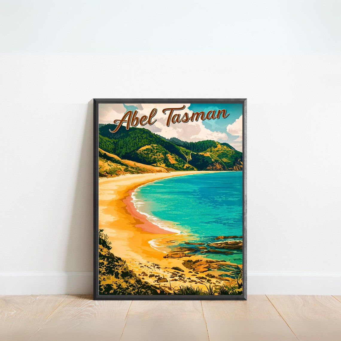 Abel Tasman New Zealand Sandy Beach Turquoise Sea Vintage Poster
