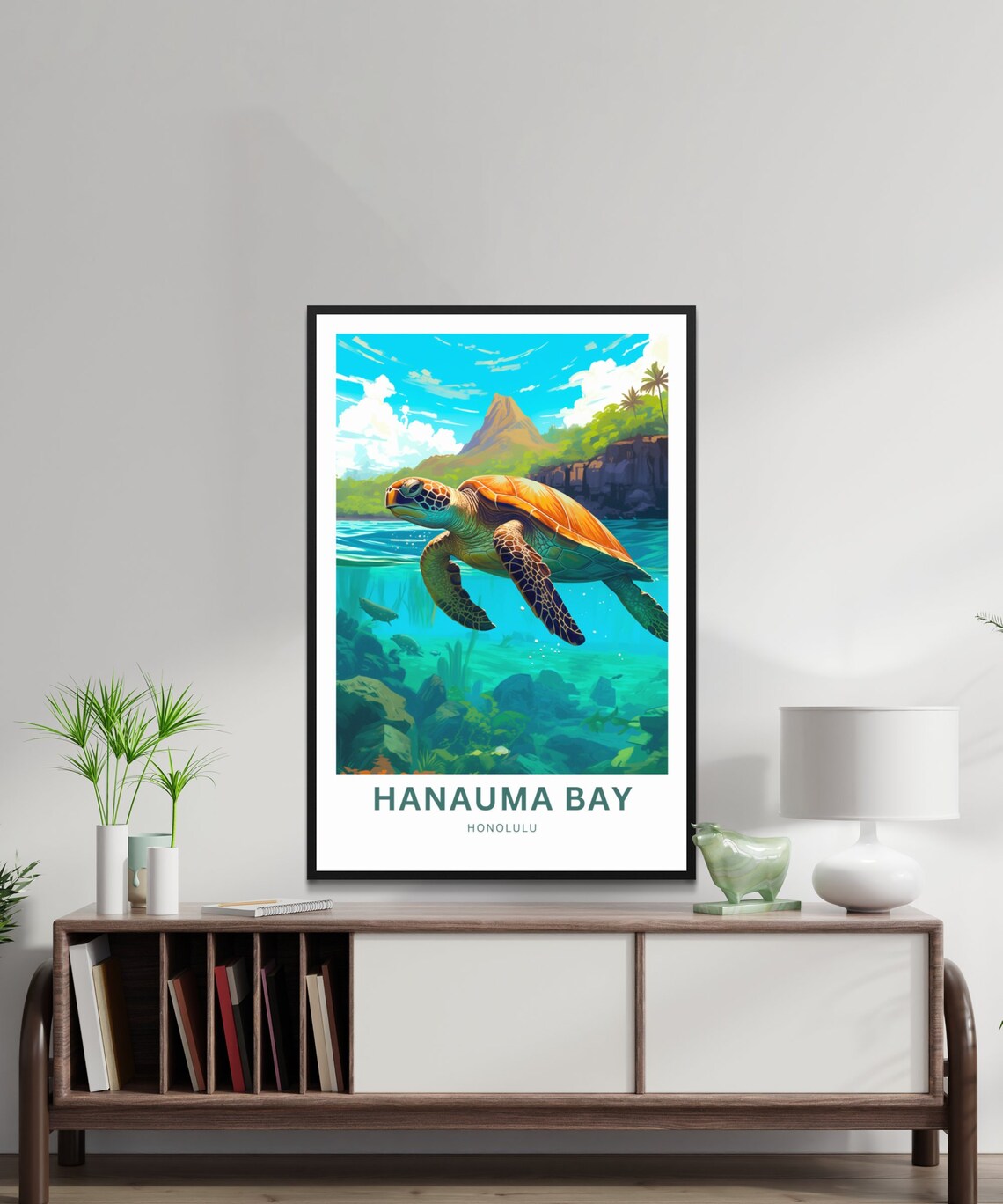 Hanauma Bay Honolulu Sea Turtle Reef Ocean Travel Illustration Poster - Image 2
