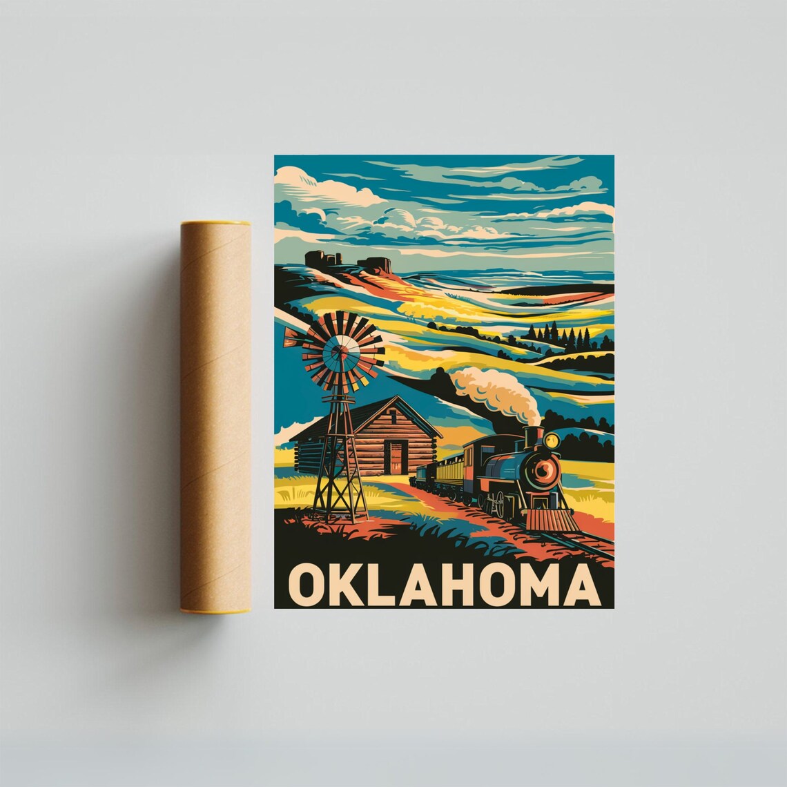 Oklahoma Vintage Steam Train Prairie Windmill Country Travel Poster - Image 4