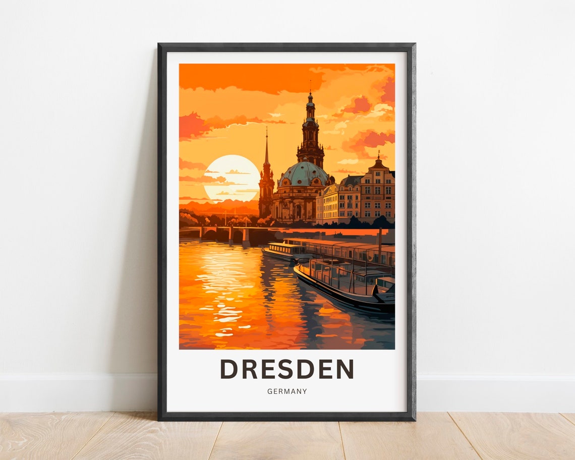 Dresden Germany Elbe River Golden Sunset Boats Skyline Poster