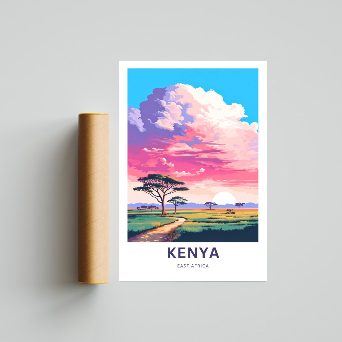 Kenya East Africa Pink Clouds Savanna Winding Path Travel Poster - Image 4