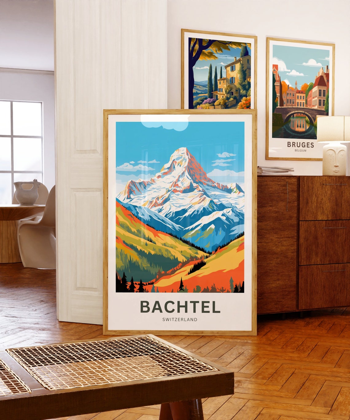 Bachtel Switzerland Snowy Alpine Peak Autumn Scene Travel Poster - Image 5