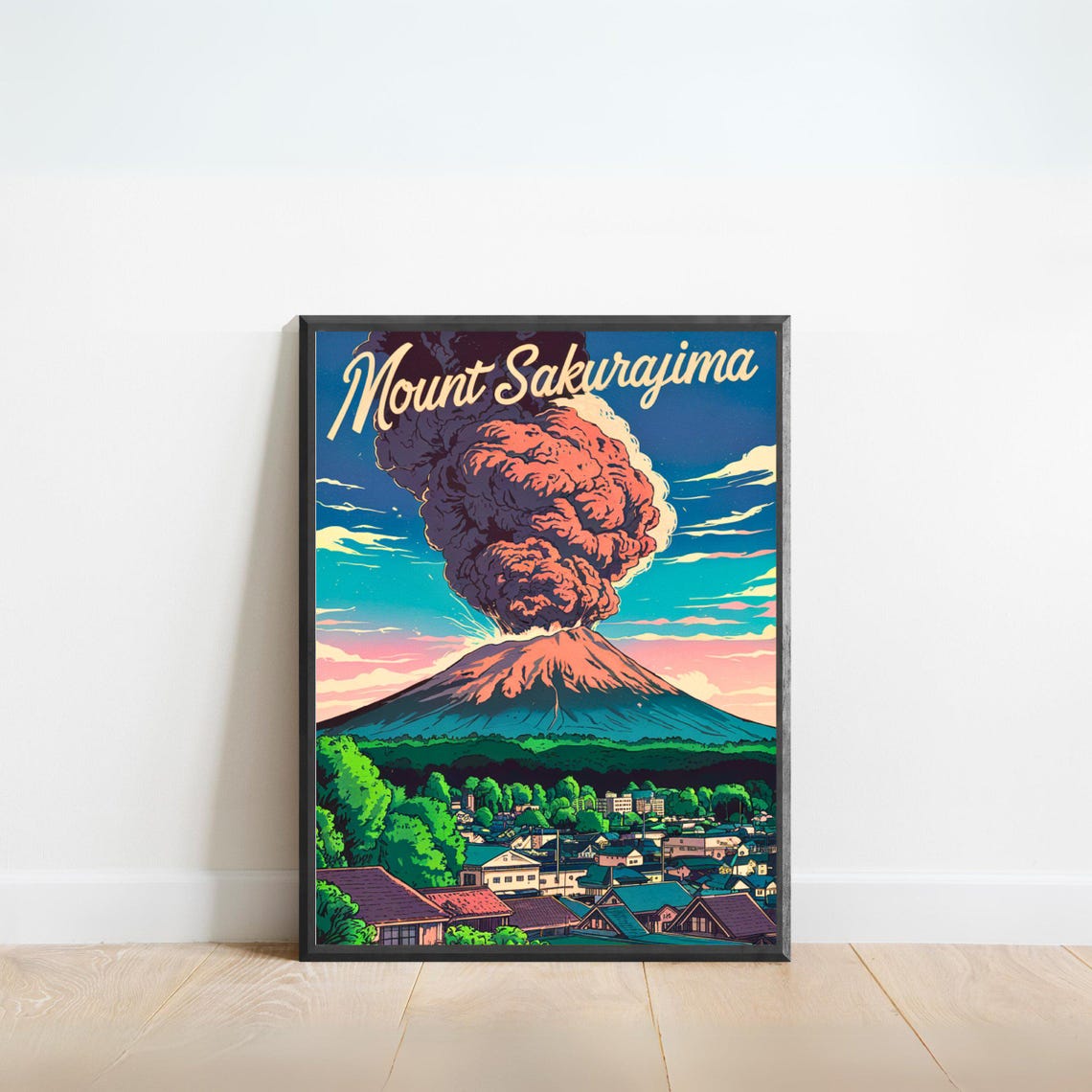 Mount Sakurajima Japan Dramatic Eruption Over Town Sunset Poster