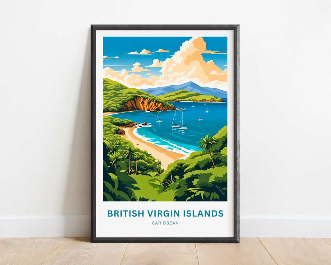 British Virgin Islands Caribbean Green Hills Bay Travel Poster