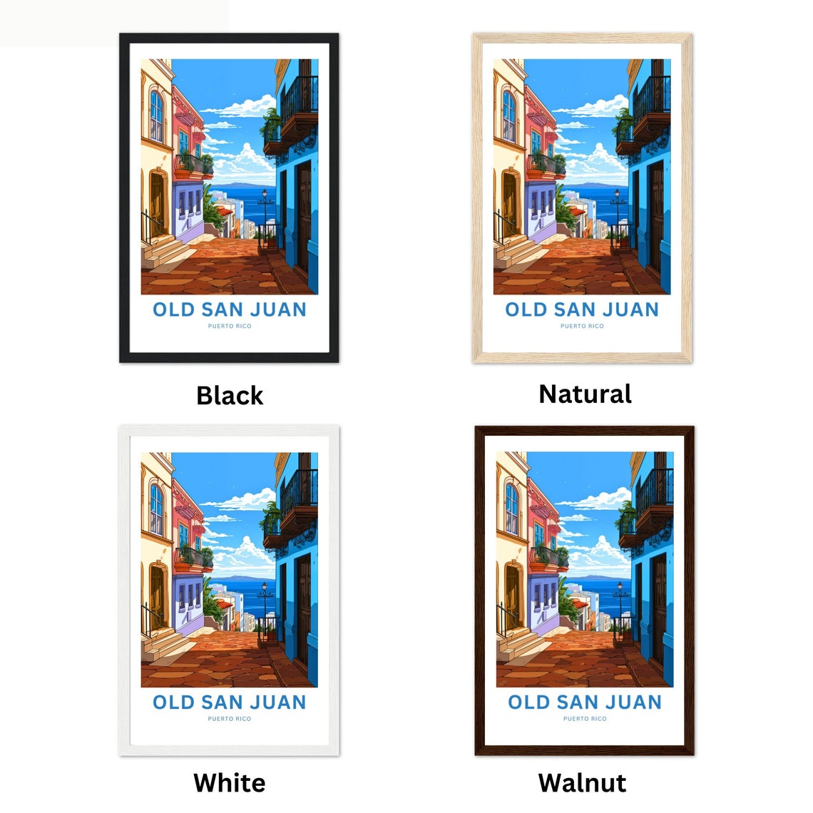 Old San Juan Colorful Street Ocean View Poster With Frame Choices