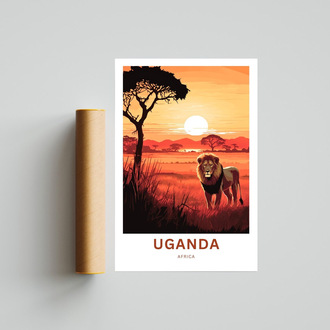 Uganda Africa Lion Savanna Sunset Custom Text Scenic Travel Poster - Image 2