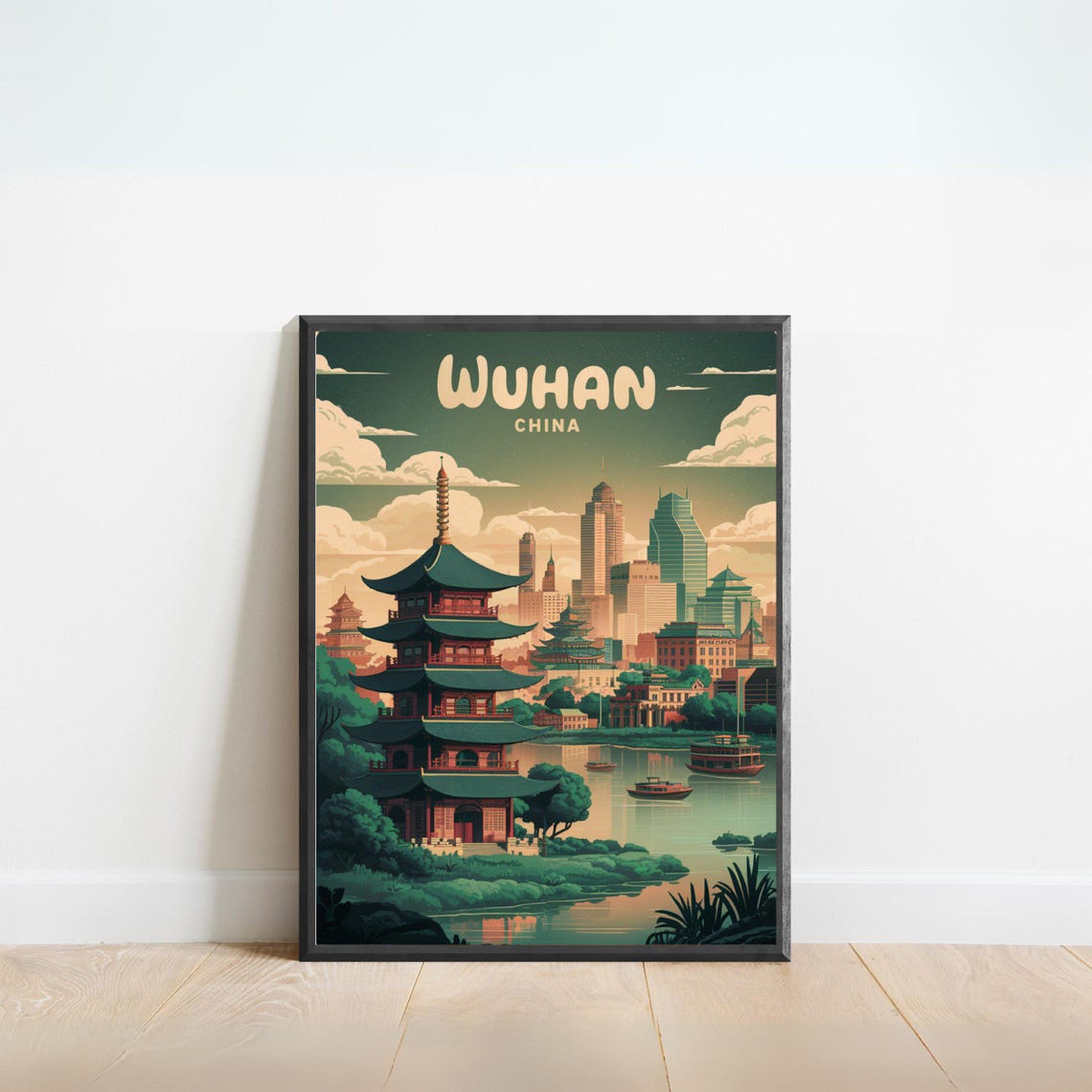 Wuhan China Retro Pagoda Skyline River Boats Vintage Art Poster