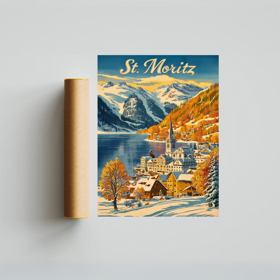 St. Moritz Switzerland Winter Village Lake Retro Travel Poster - Image 4