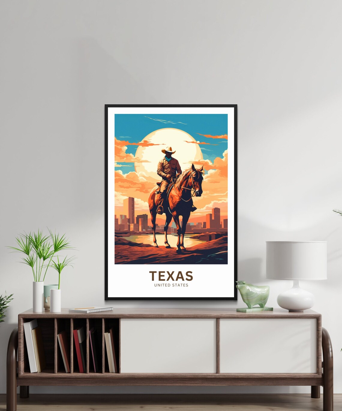 Texas Cowboy Horseback City Skyline Sunset Vintage Travel Poster - Image 2