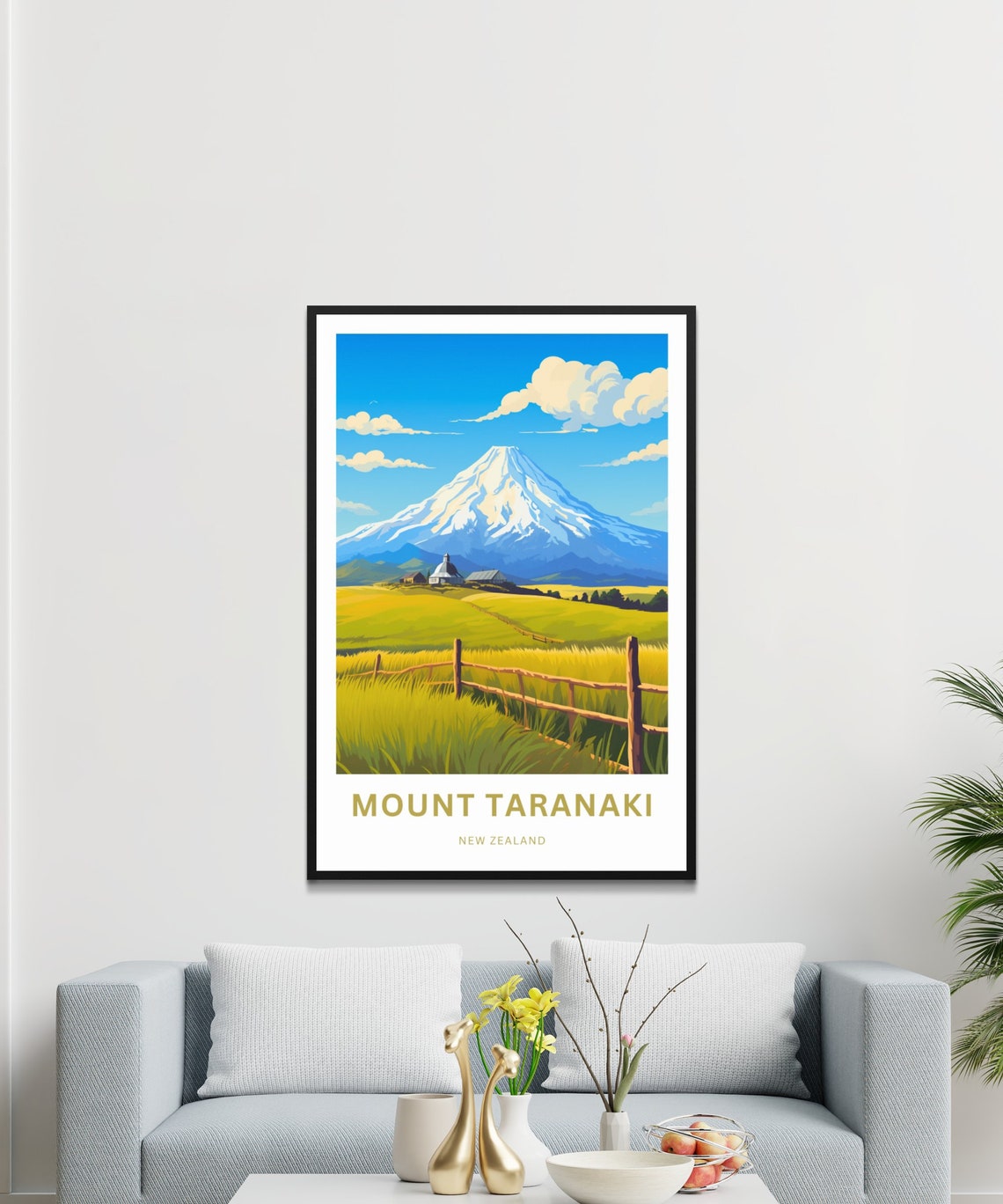Mount Taranaki New Zealand Snow Capped Volcano Farmhouse Poster - Image 3