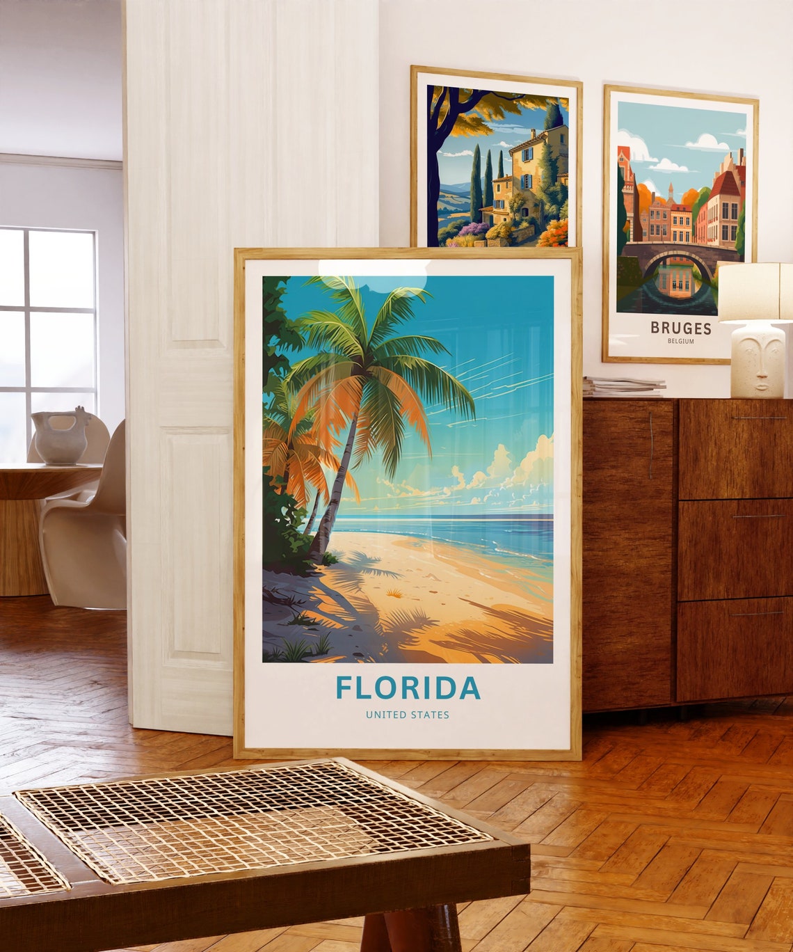 Florida Beach Travel Poster Leaning Palm Tree Sandy Shore Art - Image 5