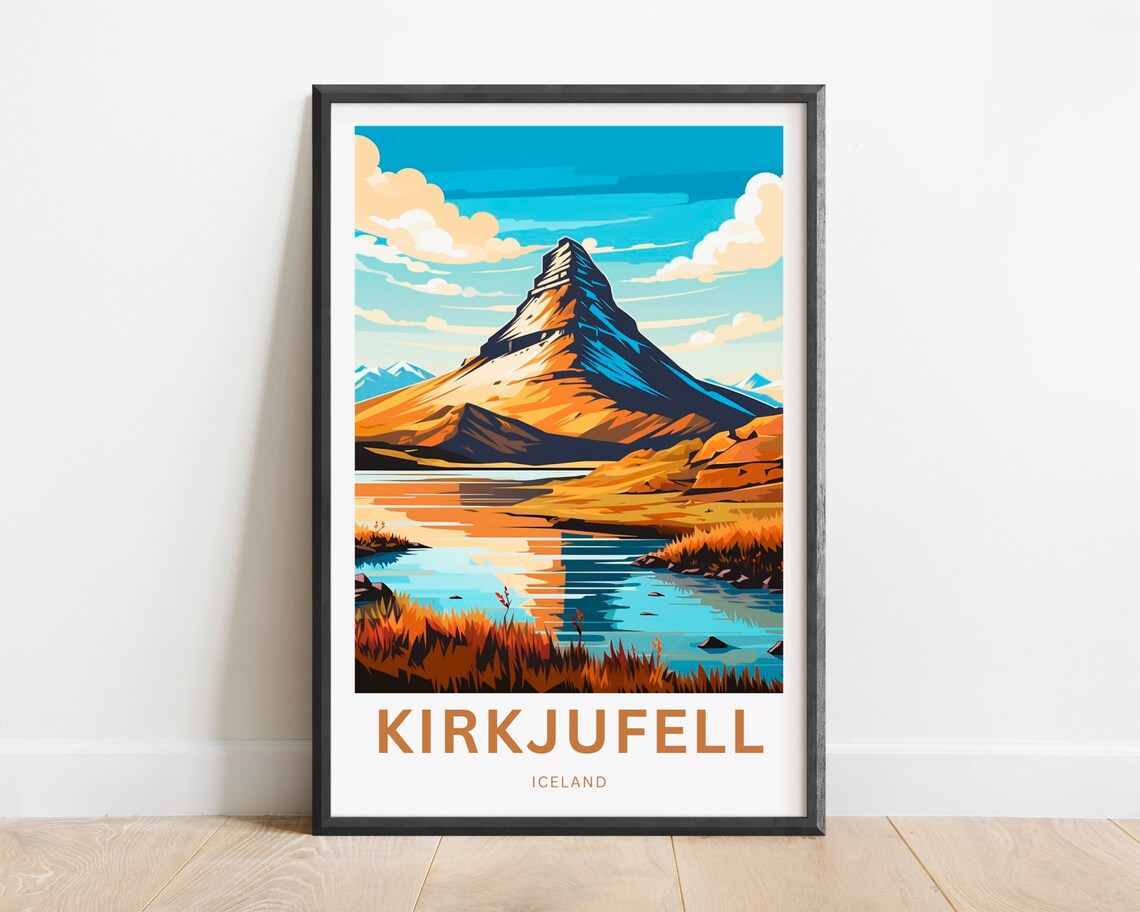 Kirkjufell Iceland Travel Poster Mountain Lake Reflection Art