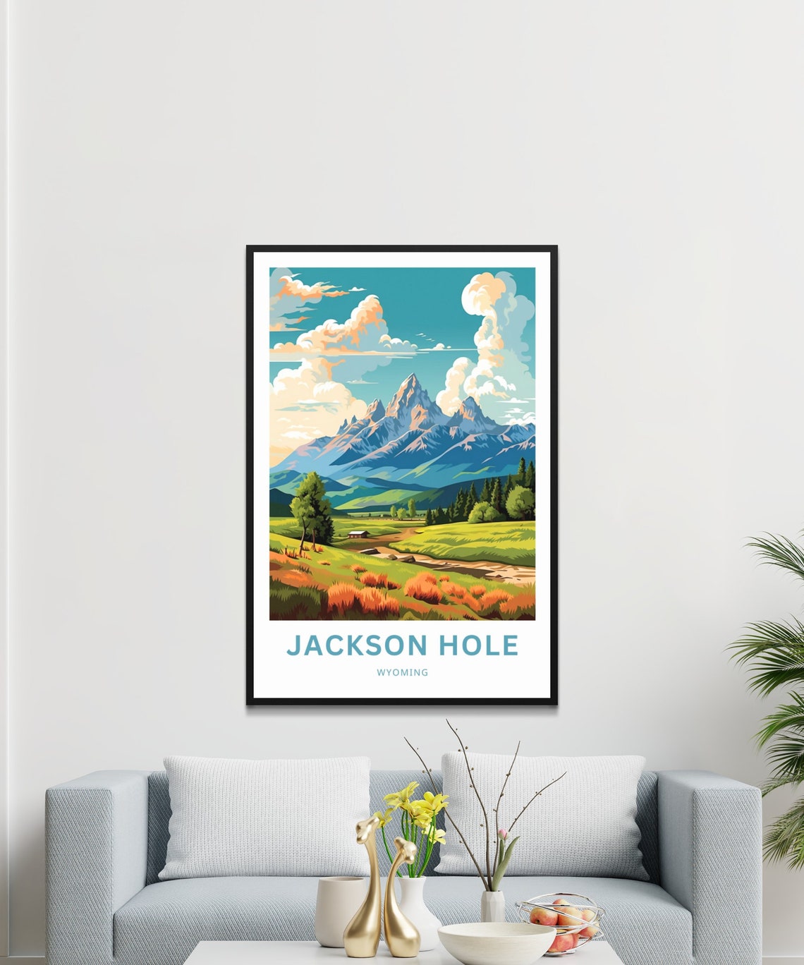 Jackson Hole Wyoming Summer Valley River Cabin Mountain Scene Poster - Image 3