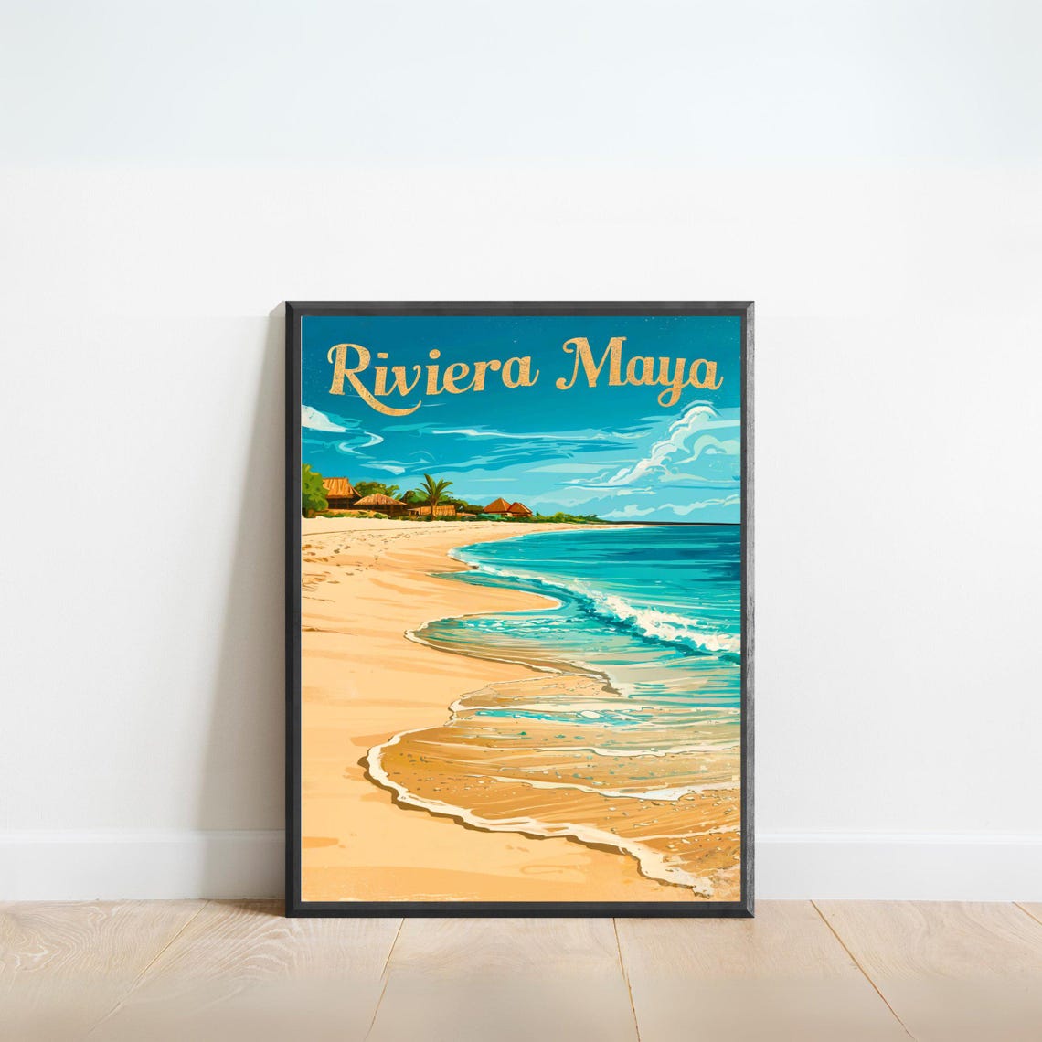 Riviera Maya Vintage Beach Huts Caribbean Coast Mexico Travel Poster