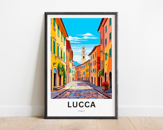 Lucca Italy Travel Poster Colorful Tuscan Street Cobblestone