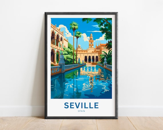 Seville Spain Plaza De Espana Palace Pool Retro Travel Poster